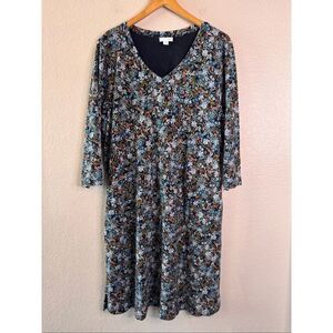 J Jill Dress Womens XL Black Blue Floral Multi Pockets 3/4 Sleeves Cottagecore